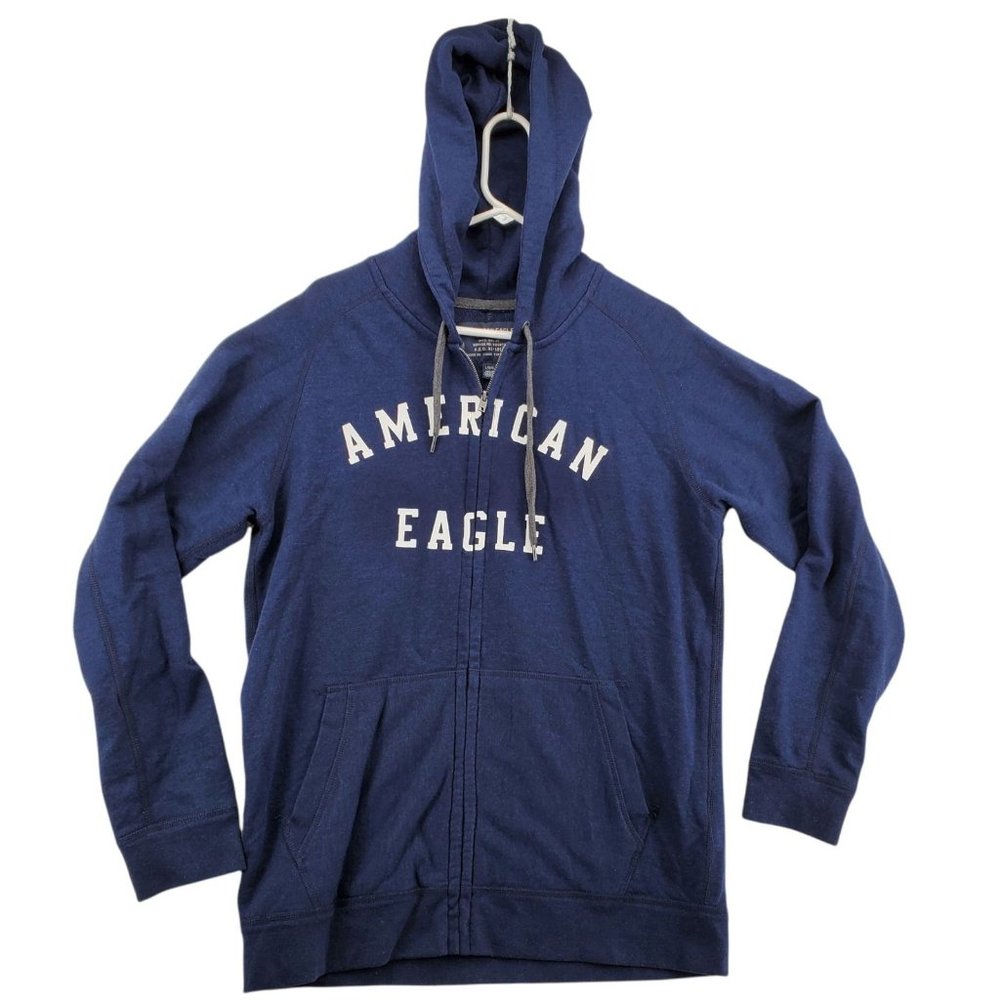AMERICAN EAGLE Sweatshirt Men's Long Sleeve Hooded Full Zip Drawstring Blue Lg